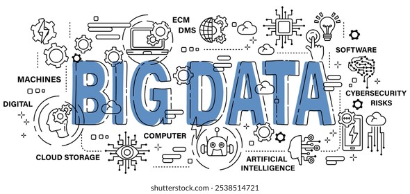 Big data . Technology and AI artificial intelligence concept . Word with outline icon art banner style . Editable stroke . Vector .