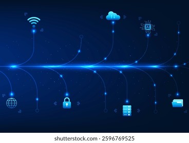 Big data technology background. Branched lines represent high-speed transmission of cyber data to software. Signaling. Vector illustration. Wallpaper.