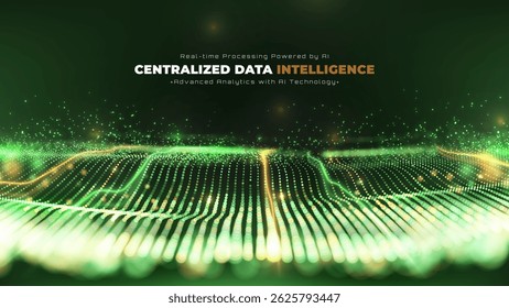 Big data technology background with digital wave visualization with green and gold neon light effects decorated with glitter. Vector illustration design showing future data flow.