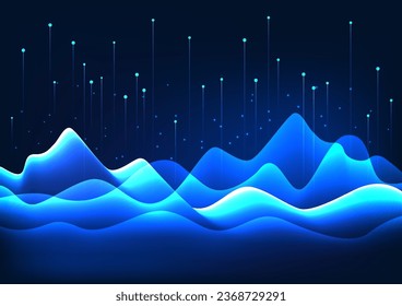 Big data technology background, the lines are overlapping waves with many layers, representing the transmission of large data from many places to collect important information.