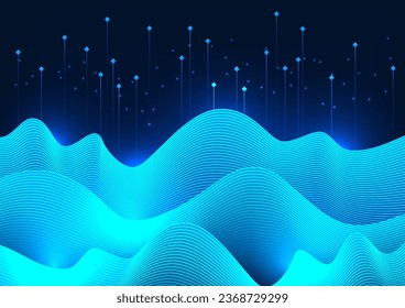 Big data technology background, the lines are overlapping waves with many layers, representing the transmission of large data from many places to collect important information.