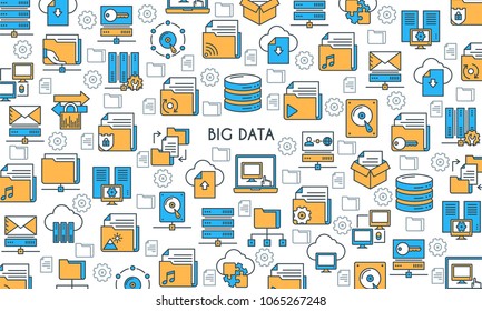 Big data technology banner. Modern icons on theme storage, analysis, organization, synchronization and data transfer. Flat line design icons collection. Vector illustration