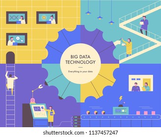 big data technology center company. flat design style vector graphic illustration set