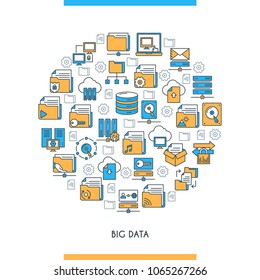 Big data technology concept. Modern icons on theme storage, analysis, organization, synchronization and data transfer. Flat line design icons collection. Vector illustration