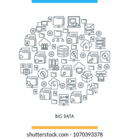 Big data technology concept. Modern icons on theme storage, analysis, organization, synchronization and data transfer. Thin line design icons collection. Vector illustration