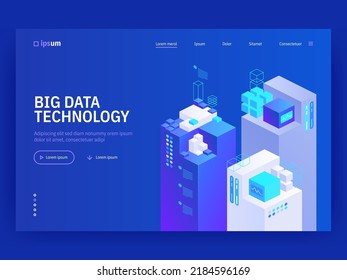 Big data technology. Information storage and analysis system in isometric vector illustration. Digital technology website landing page template.