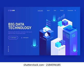 Tecnología de grandes datos. Sistema de almacenamiento y análisis de información en ilustración vectorial isométrica. Plantilla de página de inicio del sitio web de tecnología digital.