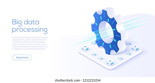 Big data technology in isometric vector illustration. Information storage and analysis system. Digital technology website landing page template.