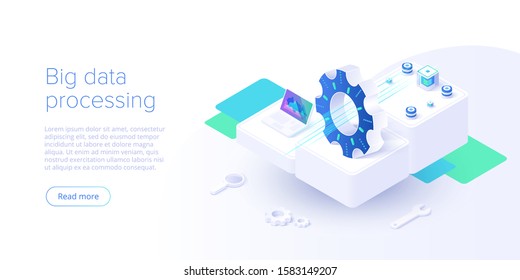 Big data technology in isometric vector illustration. Information storage and analysis system. Digital technology web banner layout template for website landing page.