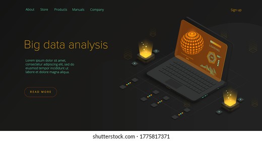 Big data technology in isometric vector illustration. Innovative information storage and analysis system. Digital technology website landing page template. Web banner layout.