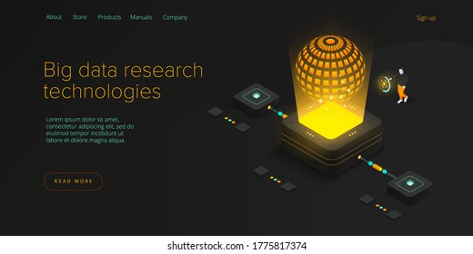 Big data technology in isometric vector illustration. Innovative information storage and analysis system. Digital technology website landing page template. Web banner layout.