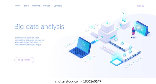 Big data technology in isometric vector illustration. Innovative information storage and analysis system. Digital technology website landing page template. Web banner layout.