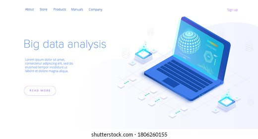 Big data technology in isometric vector illustration. Innovative information storage and analysis system. Digital technology website landing page template. Web banner layout.