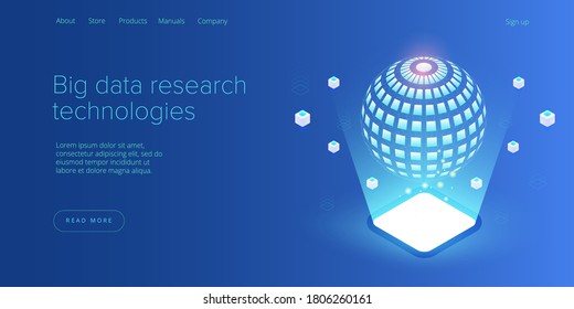 Big data technology in isometric vector illustration. Innovative information storage and analysis system. Digital technology website landing page template. Web banner layout.