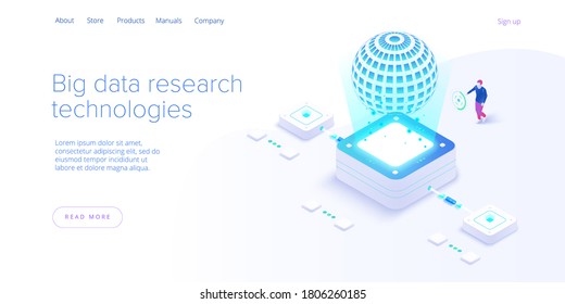 Big data technology in isometric vector illustration. Innovative information storage and analysis system. Digital technology website landing page template. Web banner layout.