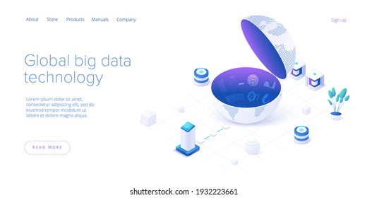 Big data technology in isometric vector illustration. Information storage and analysis system. Digital technology web banner layout template for website landing page.