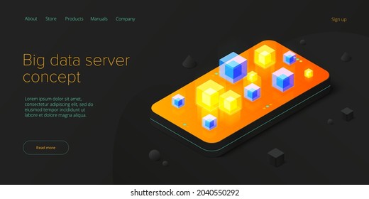 Big data technology in isometric vector illustration. Information storage and analysis system. Digital technology website landing page template.