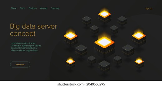 Big data technology in isometric vector illustration. Information storage and analysis system. Digital technology website landing page template.