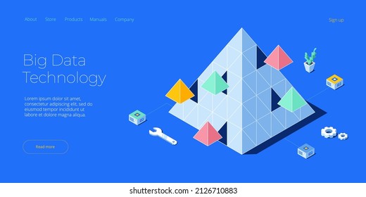 Big data technology in isometric vector illustration. Information storage and analysis system. Digital technology website landing page template.