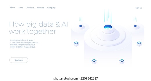 Big data technology in isometric vector illustration. Information storage and analysis system. Digital technology website landing page template