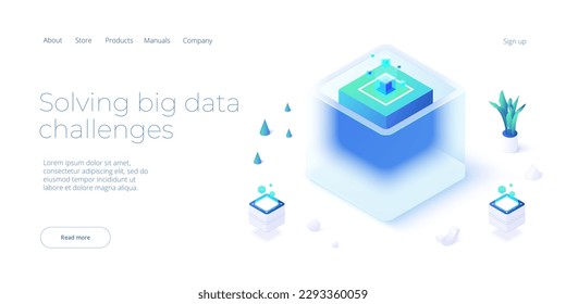 Big data technology in isometric vector illustration. Information storage and analysis system. Digital technology website landing page template