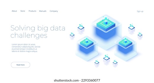 Big data technology in isometric vector illustration. Information storage and analysis system. Digital technology website landing page template