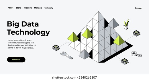 Big data technology in isometric vector illustration. Information storage and analysis system. Digital technology website landing page template.