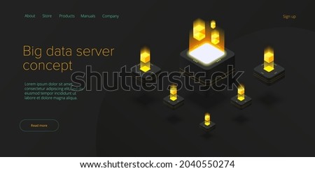 Big data technology in isometric vector illustration. Information storage and analysis system. Digital technology website landing page template.