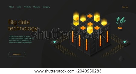 Big data technology in isometric vector illustration. Information storage and analysis system. Digital technology website landing page template.