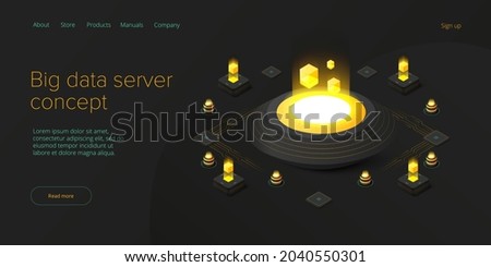 Big data technology in isometric vector illustration. Information storage and analysis system. Digital technology website landing page template.