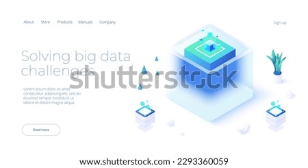 Big data technology in isometric vector illustration. Information storage and analysis system. Digital technology website landing page template