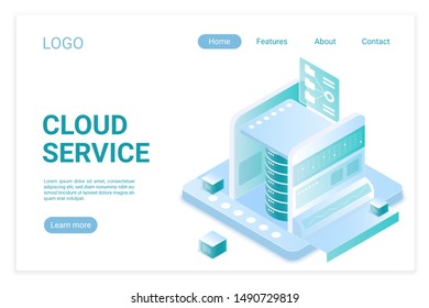 Big data technology landing page isometric vector template. Internet server, wireless technology. Information and database storage. Computer hardware equipment website homepage 3d layout.