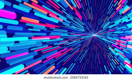 Big Data Technology Lines. Digital Data Flow Vector Background. 5G Wireless Data Transmission. High Speed of Light Trails. Information Flow in Virtual Reality Cyberspace. Vector Illustration.