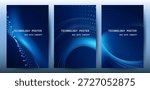 Big data technology poster set with Blue wave particle glowing and data visualization