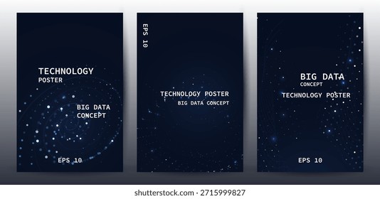 Big data technology poster set with Blue wave particle glowing and data visualization
