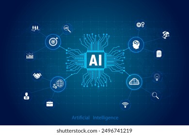 Big data technology and data science on virtual screen. Business analytics, artificial intelligence, machine learning. Engineer or scientist analyzing stream of data.