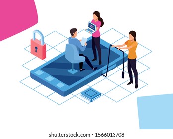 big data technology with smartphone and people vector illustration design