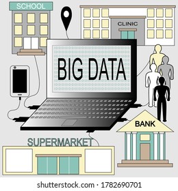 Tecnología Big Data. Fuentes de Big Data - medicina, educación, multitudes de personas, finanzas, comercio. Gran portátil en primer plano.