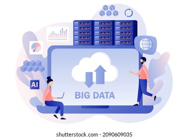 Big data - text on laptop screen. Data science and jobs. Data analysis. Tiny character data engineers. Developer career. Modern flat cartoon style. Vector illustration on white background