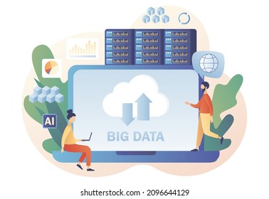 Big data - texto en la pantalla del portátil. Pequeños ingenieros de datos de caracteres. Ciencia de datos y empleo. Análisis de datos. Carrera de desarrollador. Estilo moderno de dibujos animados planos. Ilustración del vector sobre fondo blanco