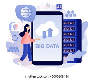 Big data - text on smartphone screen. Data science and jobs. Data analysis. Tiny woman data engineers. Developer career. Modern flat cartoon style. Vector illustration on white background