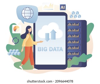 Big data - text on smartphone screen. Tiny woman data engineers. Data science and jobs. Data analysis. Developer career. Modern flat cartoon style. Vector illustration on white background