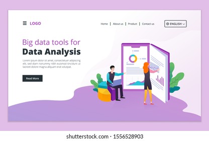 Big data tools for data analysis landing page. Seo analysis, website analytics concept for website and mobile website development