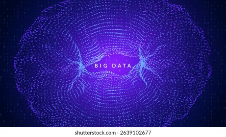 Big Data Torus Abstract Background. Technology Bg With Dynamic Dots And Numbers For AI Network. Geometric Shapes In A Modern Cyber Concept With Purple Glow. Blue Tech Big Data Torus