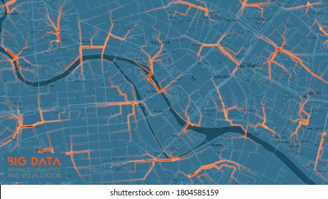 Big data traffic analysis in modern city. Abstract road capacity limits visualization. Car routes net graphic. Urban infrastructure analysis. Complex geospatial data. Visual information complexity.