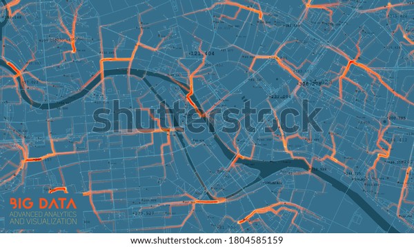 Big data traffic analysis in modern city.\
Abstract road capacity limits visualization. Car routes net\
graphic. Urban infrastructure analysis. Complex geospatial data.\
Visual information\
complexity.