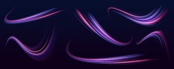 Big Data Traffic Visualization, Dynamic High Speed Data Streaming Traffic. Neon Color Glowing Lines Background, High-speed Light Trails Effect. Purple Glowing Wave Swirl, Impulse Cable Lines.	