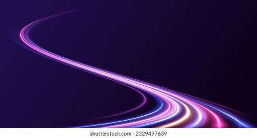 Visualización del tráfico de grandes datos, tráfico dinámico de transmisión de datos de alta velocidad. Fondo de líneas brillantes de color neón, efecto de trazas de luz de alta velocidad. Giro violeta de onda brillante, líneas de cable de impulso.	