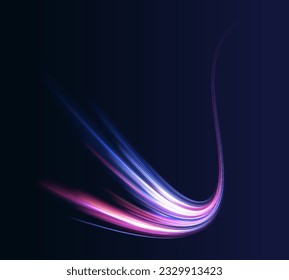 Big data traffic visualization, dynamic high speed data streaming traffic. Neon color glowing lines background, high-speed light trails effect. Purple glowing wave swirl, impulse cable lines.	