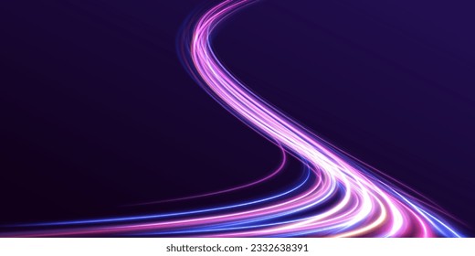 Big data traffic visualization, dynamic high speed data streaming traffic. Neon color glowing lines background, high-speed light trails effect. Purple glowing wave swirl, impulse cable lines.	